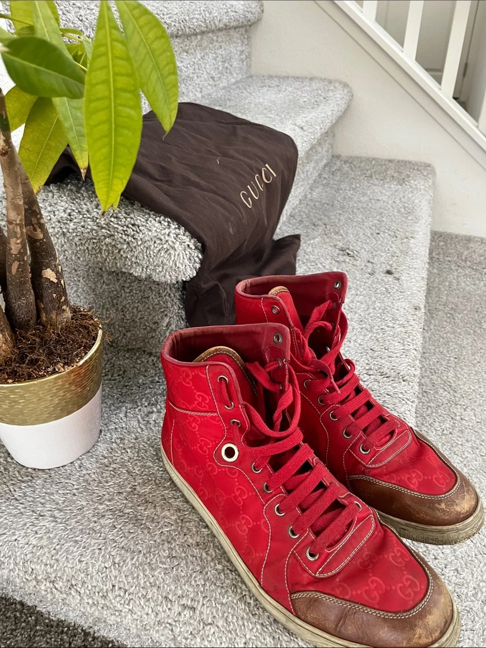Gucci Mens Red Suede High-Top Sneakers